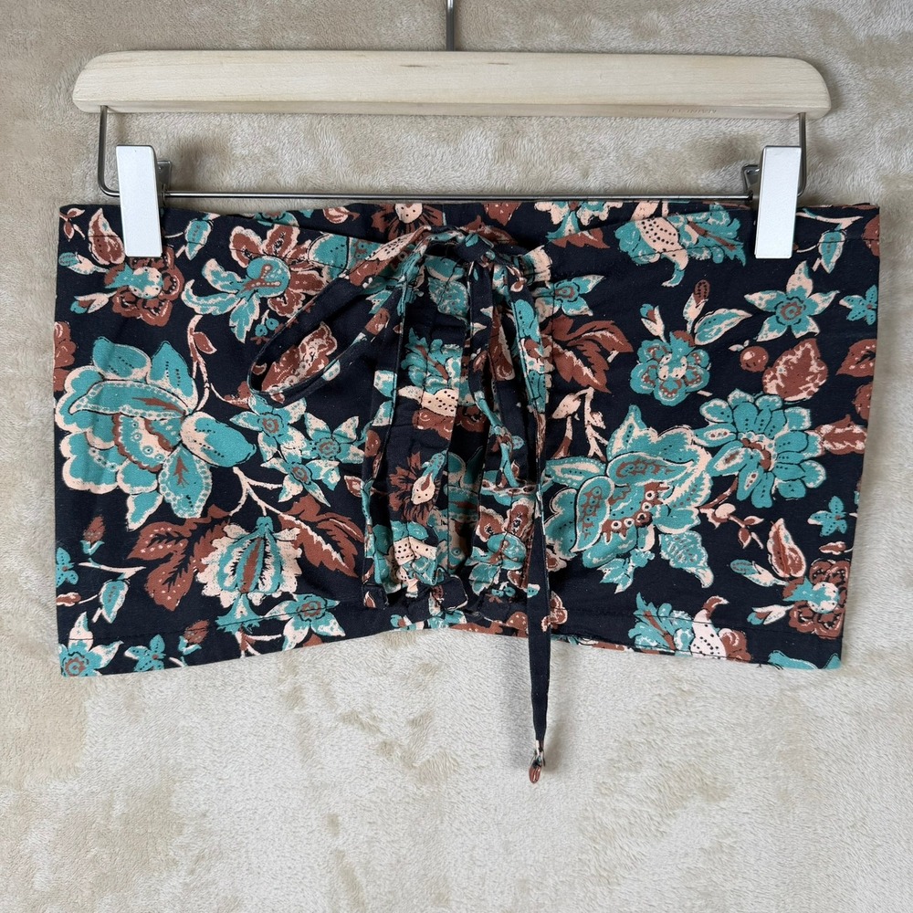 Intimately Free People Floral Bandeau Top Front Tie Strapless Navy Blue Cotton
